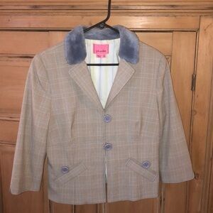 Phoebe Plaid short jacket with blue fur collar